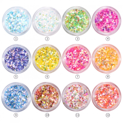 GSP-120 Nail art shiny box mixed color 12 design mini hexagon hot sequins nail decorations