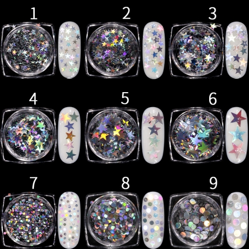 GSP-102 1 Box Sequins Holographic Laser Silver Mixes  Round Star Manicure