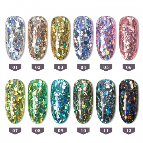 B271 12 Color/Box Gradient Mermaid Flake Nail Glitter Hexagon Holo Sequins Powder 3D