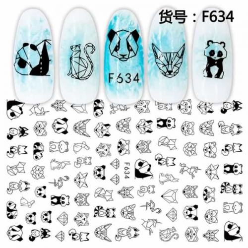 F F634-F643 Black panda flowers heart nail art stickers