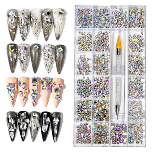 QFR-01~20 21 grids AB crystal nail rhinestones set kit with dotting pen