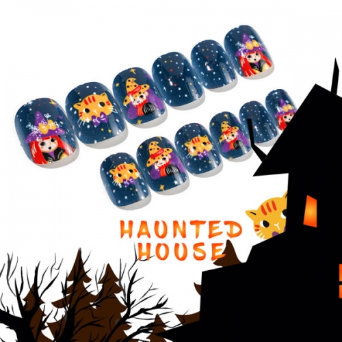 PNT-27 Halloween pumpkin children nail tips press on nails for kids