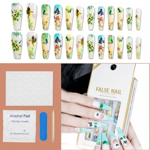 PNT-33 Long coffin drawing flower French style nail art tips press on nails