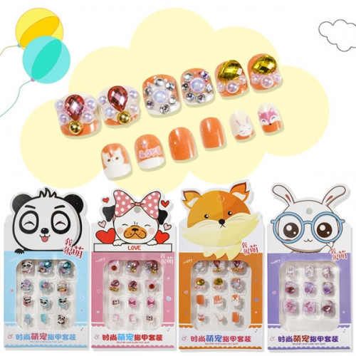 PNT-41 Panda frog fox cartoon animal child nail tips press on nails for kids with rhinestones