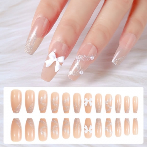 PNT-58-04 24pcs Nude bow glitter press on nails nail tips