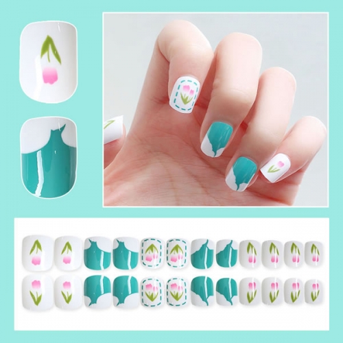 PNT-101-57 Short square green flower designed nail tips press on nails in box with jelly sticker