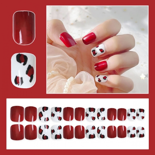 PNT-101-63 Dark red leopard nail tips press on nails