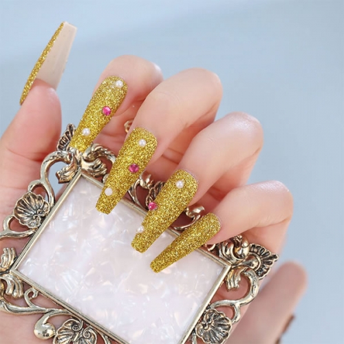 PNT-113 Long coffin ballerina square glitter press on nails