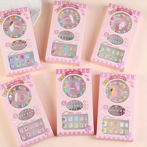 PNT-115 12pcs/box Cartoon ring kids press on nails with bracelet sticker