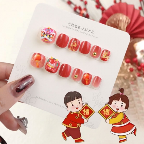 PNT-180 Red Loong lion dance decoration child press on nails for kids