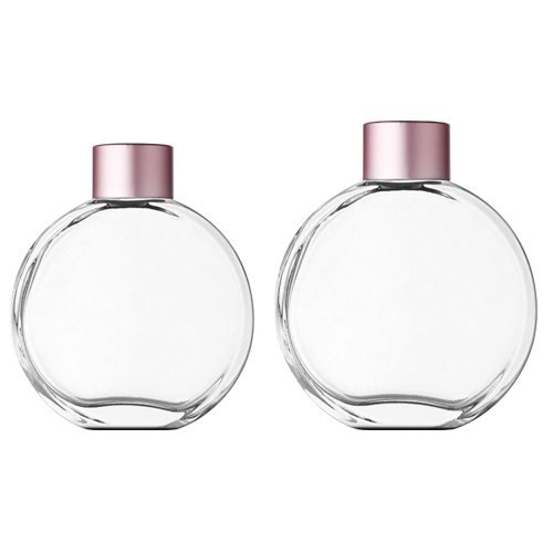 Botella de aromaterapia de vidrio redonda plana de 30 ml, 50 ml, 100 ml, 150 ml con anillo de aluminio