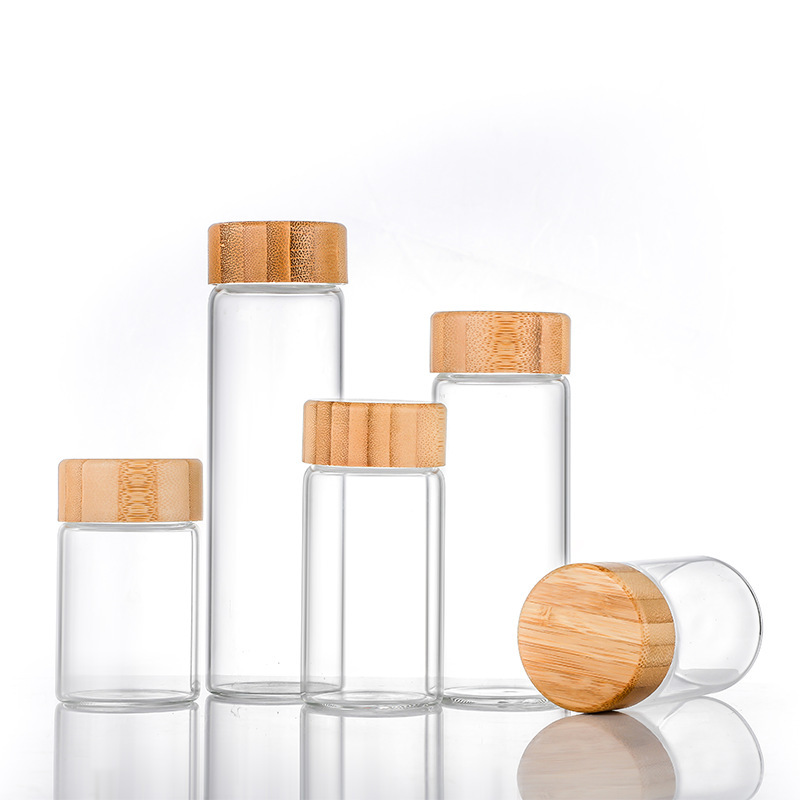 Wholesale Transparent Empty Glass Tube Storage Jar with Wooden Lid