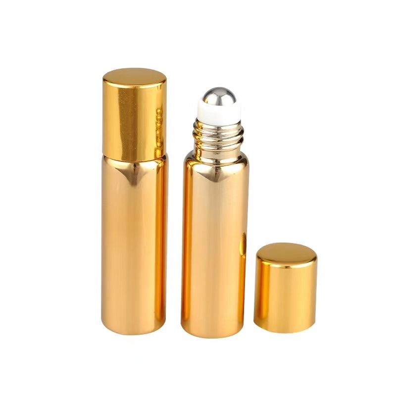 Venta caliente 5ml 8ml 10ml 15ml UV recubierto de oro vial de vidrio roll on botella con tapa de aluminio