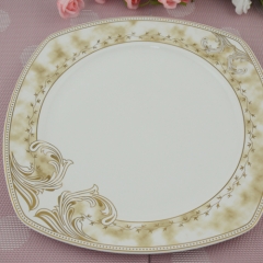 Kitchen white color caremic square dinner plate with gold rim design