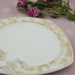 Kitchen white color caremic square dinner plate with gold rim design