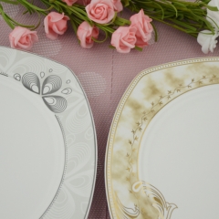 Kitchen white color caremic square dinner plate with gold rim design