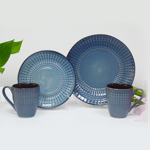 Deep blue glazed relief pattern ceramic tableware set