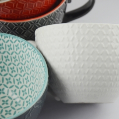 hot sell 420ml polychrome glazed embossed ceramic mug