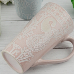 520ml  mug with embossed peacock shape ceramic mug