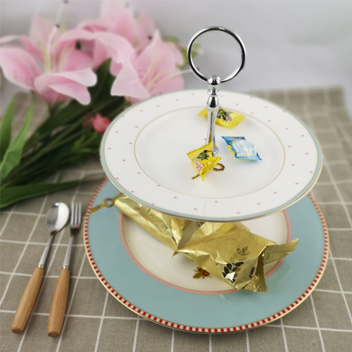 Beautiful blue and white porcelain plates with 2 layers of cake stand for restaurant and wedding use