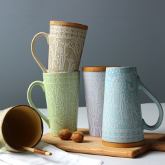 Newest design household 16OZ  ceramic coffee mug with bamboo lid