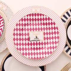 Wholesale 10inch round shape white ceramic dinner plate with pink print