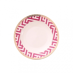 Wholesale 10inch round shape white ceramic dinner plate with pink print