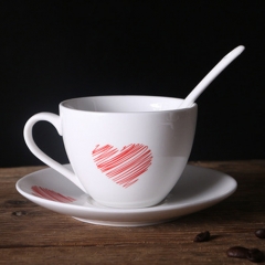 European style white ceramic coffee cup and saucer with logo