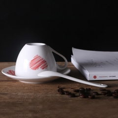 European style white ceramic coffee cup and saucer with logo