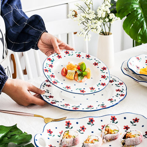 日式手绘小红花餐具组合早餐餐具套装