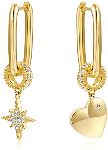 SHINEFUTURE Earrings Star Moon Heart Chunky Hoop Necklace Heart Clip Chain Cubic Zirconia