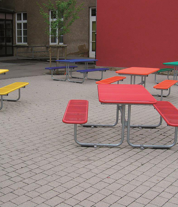 Outdoor thermoplastic picnic table with two benches