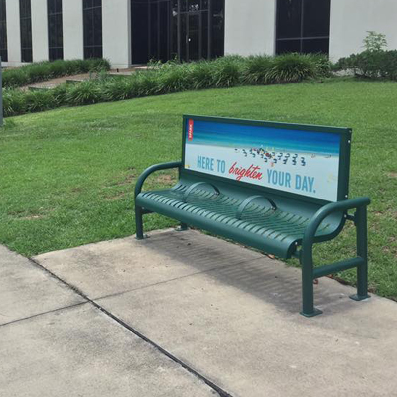 metal advertising bench with backrest