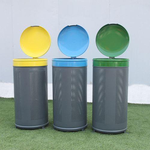 Outdoor metal trash bin with lid