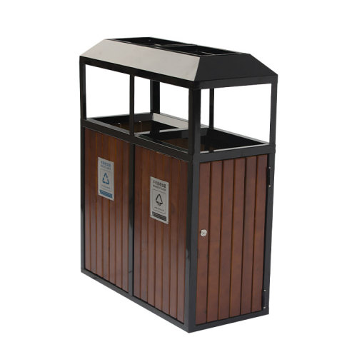 outdoor wood 2 compartment garbage bin