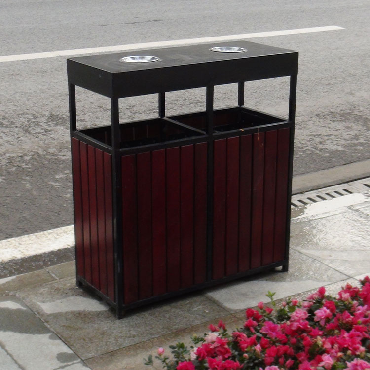 outdoor wood two compartment garbage can