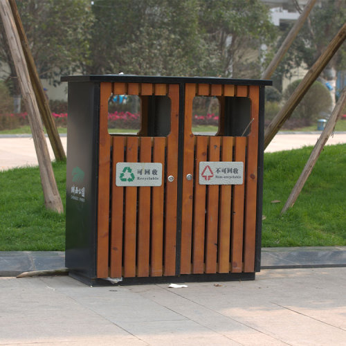 dual compartment wood trash bin