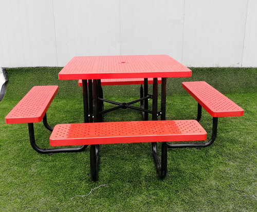 Outdoor perforated steel picnic table chair with umbrella hole