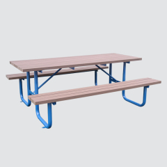 Outdoor unfoldable wooden table with two benches