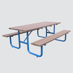 Outdoor unfoldable wooden table with two benches
