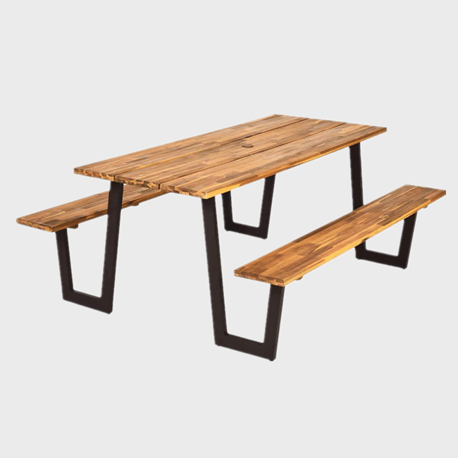 Rectangular Wooden Picnic Table with Attached Seats