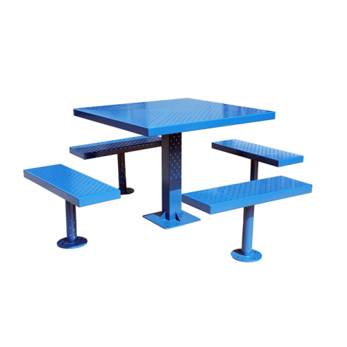 outdoor perforated steel picnic table and 4 benches