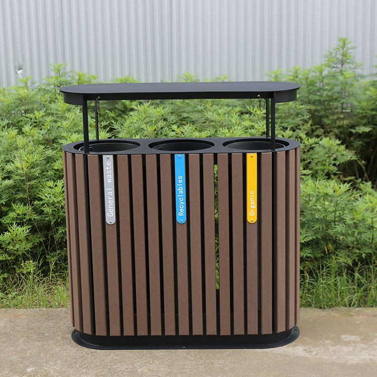 outdoor wooden 3 compartment trash can