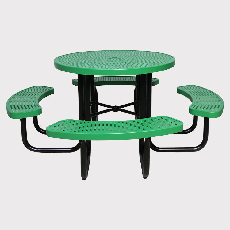 perforated steel outdoor round picnic table with umbrella hole