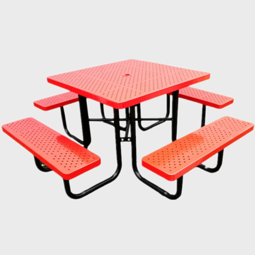 perforated metal outdoor square picnic table and benches