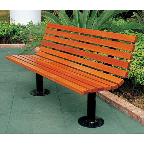 Outdoor public wood slat bench with back