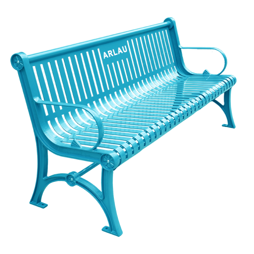 Red metal outdoor seating bench for garden