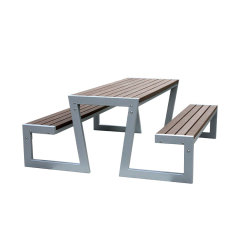 Outdoor wood picnic table with attached bench seat