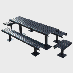 Slatted steel outdoor picnic table with bench
