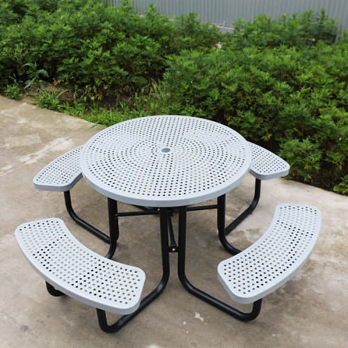 Round perforated metal picnic table with umbrella hole